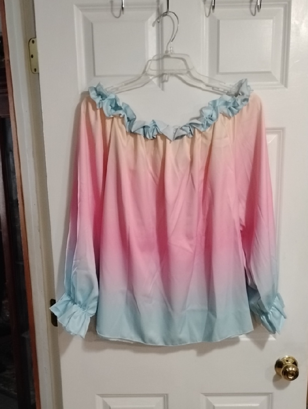 Off-Shoulder Ombre Ruffle Blouse - Pink to Blue